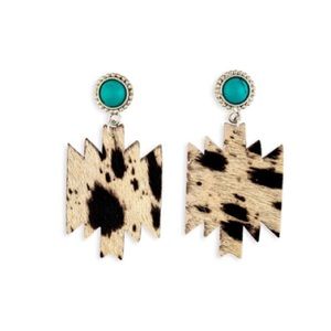NWT MYRA BAG “Tribal Spirit” Hair On Hide Leather Earrings w/Stone. 2 3/4” Drop.